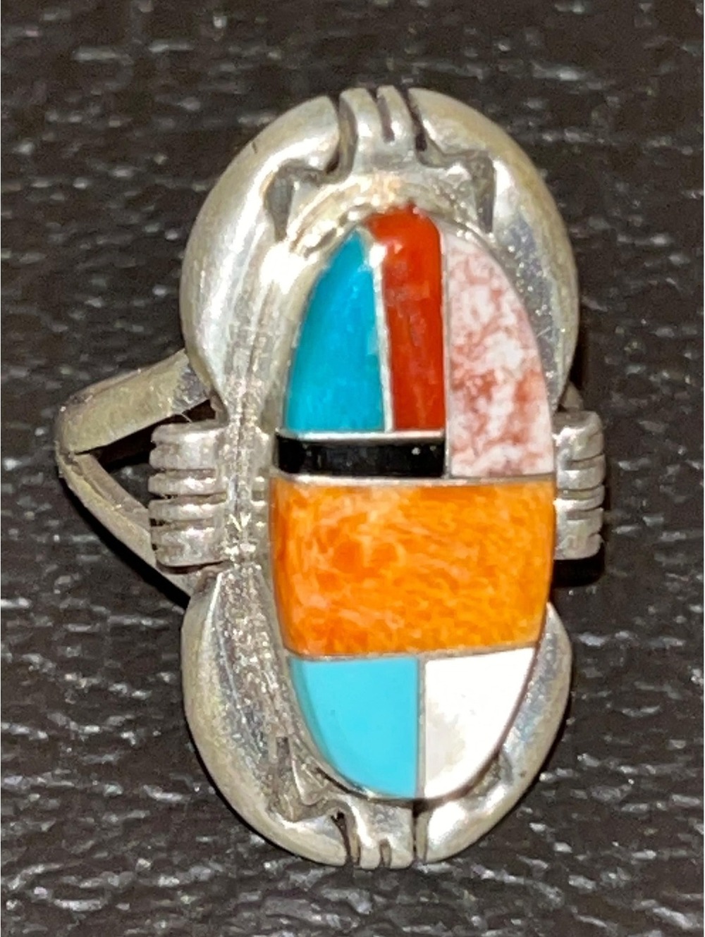 Navajo handmade turquoise multi stone sterling silver inlay ring size 7.5